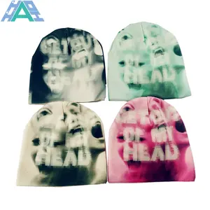 Custom Graphic Design Printed Jacquard Woven Knitted Streetwear Skull Caps Skully Hat Reversible Beanie