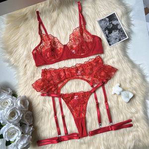 New Heavy Industry Embroidered Flower Lace <b>Splicing</b> Strap Three Piece Women's Sexy Underwear Set - Product Image 6