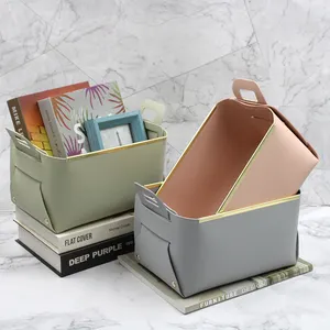 Minimalist Leather Gold Edge Desk Organizer Foldable PU Leather Storage Basket Luxury Home Storage Container Box