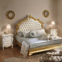Juego de Cama King Size de Lujo para Villa, con Decoración de Hojas Doradas, Estilo Clásico Francés, Madera Preciosa, Sofá Cama Doble