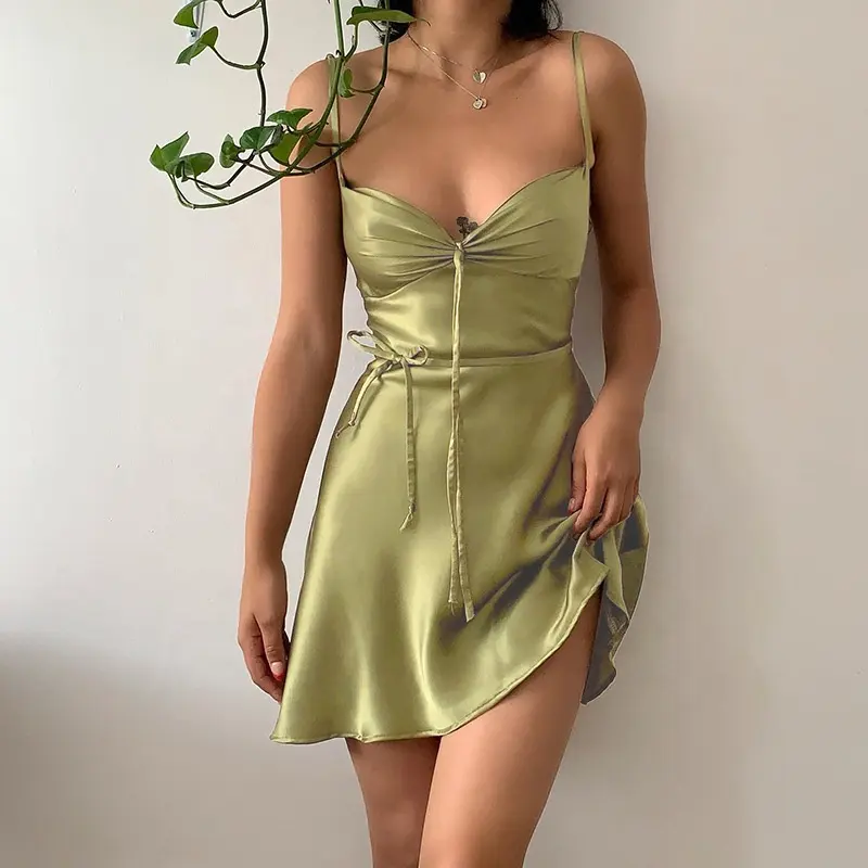 Satin Green Strapless Dress Women Summer Party Backless Casual Purple Dresses
