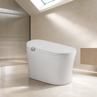 WC intelligent allongé chauffant avec séchage à l'air, fonction lavage féminin, télécommande, à poser au sol, en céramique, design moderne, siphon en P/S