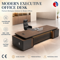 Bureau de direction avec double rangement latéral, panneau frontal cannelé, éclairage linéaire LED, finition noyer, mobilier