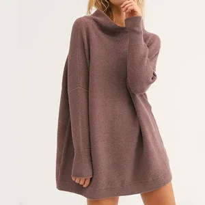 M 0577 Plain Women'sweaters Adult Casual Fall Spring Batwing Sleeve Turtleneck Long Loose Knitted Women Oversized Sweater