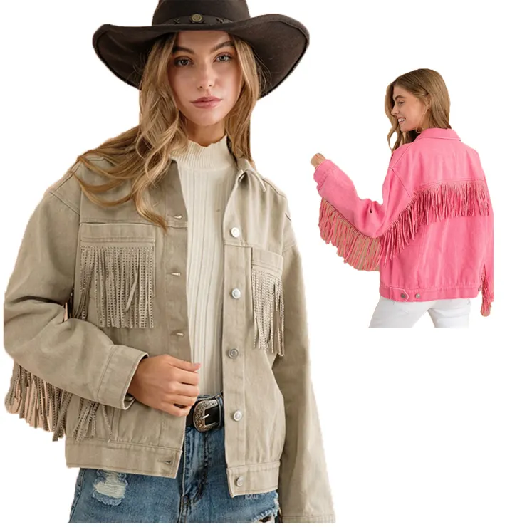 Custom Mulheres Tassel Retro Afligido Desgastado Ocidental Cowgirl Franja Jeans Colheita Tops Denim Jacket