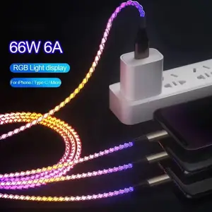 66W 6A RGB 3 In 1 조명 USB 발광 발광 흐름 휴대 전화 데이터 충전기 케이블 모든 전화