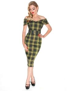 Boutique Robe fourreau <span class=keywords><strong>vintage</strong></span> à manches courtes et à épaules dénudées style des années <span class=keywords><strong>50</strong></span> en tartan biscuit pour femme - Product Image 2