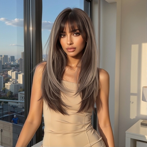 Venta al por mayor de pelucas rectas de longitud media con <span class=keywords><strong>flequillo</strong></span> marrón resaltado <span class=keywords><strong>Rubio</strong></span> peluca sintética resistente al calor pelo falso - Product Image 6