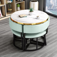Ensemble Salle à Manger GEDO Moderne, Table Ronde MDF Bord Doré Peu Encombrante et 4 Chaises en Cuir PU à Pieds en Fer Métallique