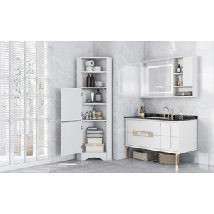 White Tall Triangle <b>Bathroom</b> Corner Cabinet-Freestanding <b>Solid</b> <b>Wood</b> Storage with <b>Doors</b> & Adjustable Shelves - Product Image 1