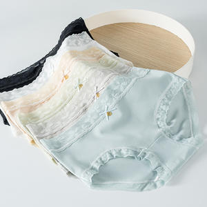 Ropa interior de algodón con encaje para mujer, cintura media, seda de morera 7A, entrepierna antibacteriana, transpirable, estilo hipster, para uso diario, color liso - Product Image 2