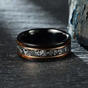 Gentdes Jewelry Wholesale Custom Two-tone Black Tungsten Carbide Wedding Ring Real Meteorite Ring Engagement Band Wooden Rings