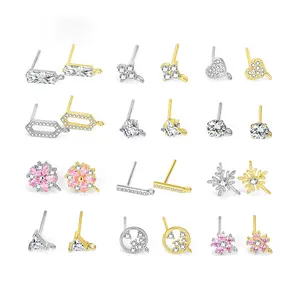 S925スターリングシルバーキュービックジルコニアポストスタッドピアス18KゴールドCZイヤリング所見DIY作成用ループ付きイヤーピアスプラグ - Product Image 1