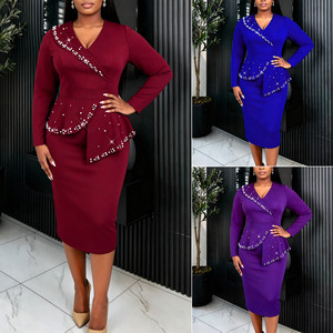 AM050765 Abito da Sera di Lusso Elegante <span class=keywords><strong>con</strong></span> Scollo a V, Vita Alta, Maniche Lunghe, <span class=keywords><strong>Volant</strong></span> e Perline di Strass, Vestito Formale da Cerimonia per Donne - Product Image 2