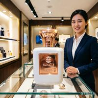 Présentoir de Bouteilles de Parfum Personnalisé en Fibre de Verre Renforcée, Hauteur 0,4 Mètre, Taille Réelle, Surface Blanche Craquelée Facettée, pour Entreprises