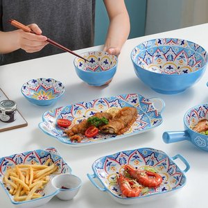 Juego de Vajilla de Cerámica con Flores Azules, Tazón, Plato y Taza con Esmalte Subglaseado, Estilo Bohemio para Cocina o <span class=keywords><strong>Restaurante</strong></span>, 14 Piezas - Product Image 2
