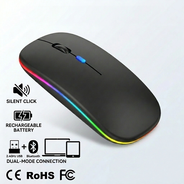 Top Rated Ergonomic Dual Mode Bluetooth 5.0 RGB Backlit Silent Click Rechargeable Optical Wireless Mouse for MacBook iPad PC