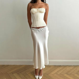 Jupe mi-longue en dentelle écologique de couleur unie pour femmes, taille basse, jupe moulante en satin pour soirée - Product Image 4