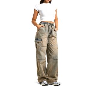 Jean cargo taille haute personnalisé coupe ample décontractée délavé style vintage jambe large en denim pour femme - Product Image 1