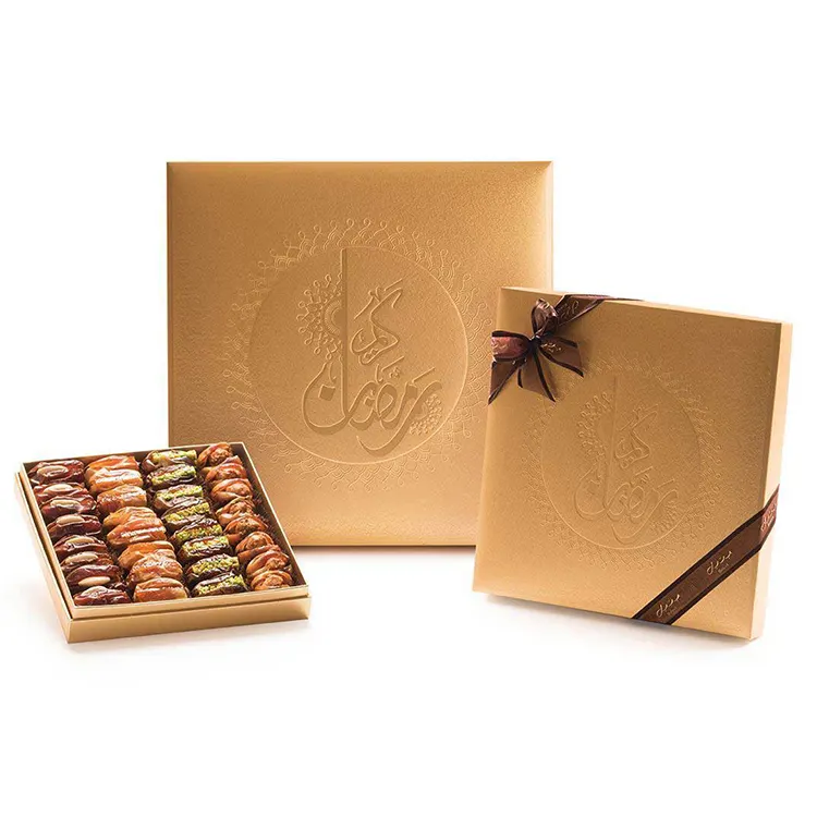 Custom Luxe Goud Midden-oosten Baklava Dateert Geschenkdoos Chocolade Verpakking Gekonfijte Data Gedroogde Vruchten Kernels Noten Papier Doos