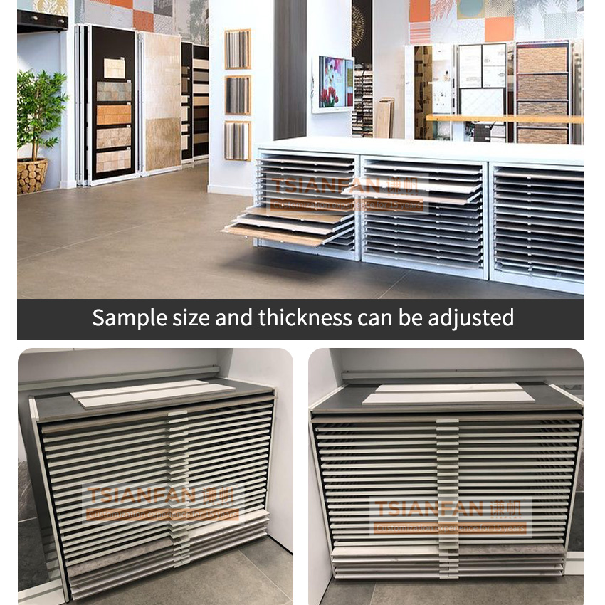 Customized high quality granite ceramic tile showroom quartz marble sample flooring-standing drawer stone display rack