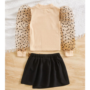 Vêtements populaires pour filles, t-shirt en coton rayé à manches bouffantes en maille avec imprimé cœur, jupe à nœud devant, ensemble 2 pièces pour filles et enfants - Product Image 4