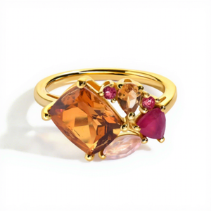 Bague en argent sterling 925 plaqué or avec citrine, pierre précieuse naturelle orange taille coussin, grappe de pierres roses multicolores pour femme - Product Image 1