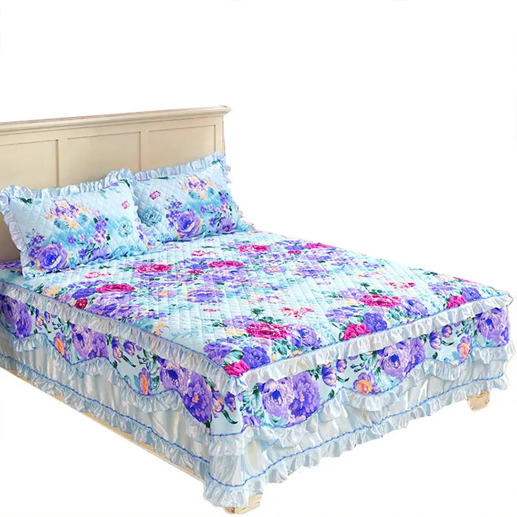 Hot Sale New Style Cheap Price Cotton Fitted Set Blue Cotton Four Pieces Bed Skirt