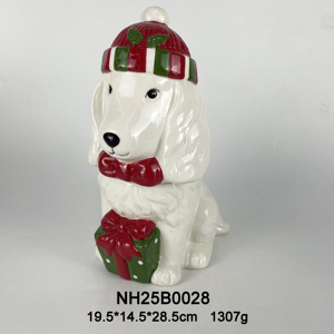 צנצנת עוגיות קרמית בצורת כלב באסט האונד לחג המולד. עיצוב תלת-ממדי בהתאמה אישית, צבוע ביד, מצלם את המראה הזקוף והמקסים של הכלב לחג - Product Image 3