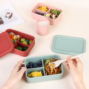 H-0068 Boîte à lunch scolaire en silicone à 3 compartiments avec logo personnalisé, anti-fuite, sans BPA, <span class=keywords><strong>micro</strong></span>-ondable, chauffable, durable - Product Image 1