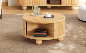 Modern Durable Round Fluted Coffee Table with Storage Pine <b>Solid</b> <b>Wood</b> Sliding Door Living Room Furniture - Product Image 2