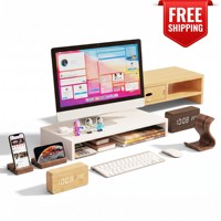 Elegante Soporte de Bambú para Computadora de Escritorio - Conjunto de Accesorios Modernos para Muebles de Oficina con Caja para Cables