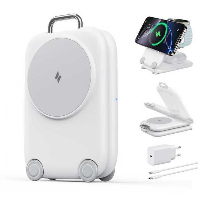 Luggage Shape 3-in-1 Foldable Wireless Charger Stand, Portable Desktop Charging Station for Phone, Watch & Earbuds
