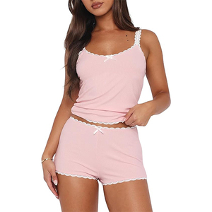 Phụ Nữ 2 Mảnh Gân Y2K Pajama Set Không Tay Ren Chắp Vá Crop Cami Tops Và Quần Short Phòng Chờ Đồ Ngủ PJ Set - Product Image 1