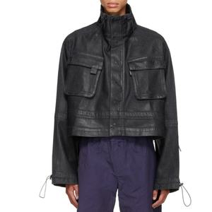 Nouvelle veste cargo en denim ciré noir surdimensionnée à col montant et manches longues pour hommes, tendance OEM - Product Image 1