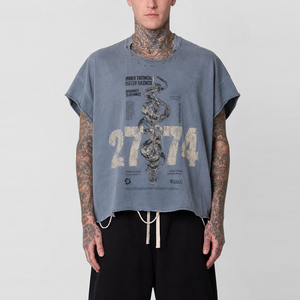 <span class=keywords><strong>T</strong></span>-<span class=keywords><strong>shirt</strong></span> da uomo streetwear personalizzata effetto distressed con grafica serpente vintage, orlo grezzo, oversize, <span class=keywords><strong>stampa</strong></span> <span class=keywords><strong>digitale</strong></span> e maniche tagliate - Product Image 6