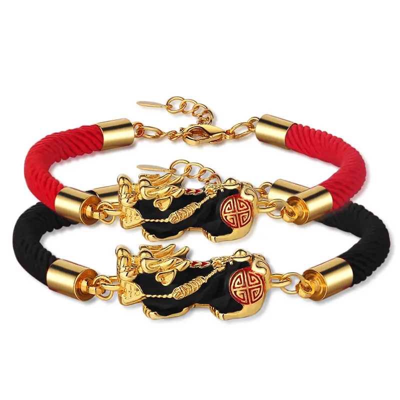 Wholesale Fashion Jewelry Black Red Braided Rope Gold Plated Lucky Charm Pixiu Bracelet
