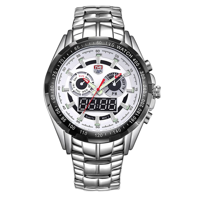 Super Cool Dual Display Quartz Digital Watch Men's Luxury Stainless Steel Alloy Band Waterproof Sport Fashion Chronograph 37mm