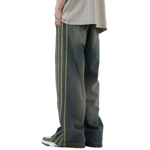 Jeans de mezclilla Y2K holgados de algodón lavado con rayas de cinta vintage personalizados al por mayor, de pierna recta, estilo urbano, para hombre. - Product Image 5