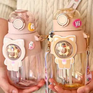 Cute Kawaii Plastic Water Bottle with Straw for Students Portable School Cup with Cartoon Lid for Vacations   Travel Boys Girls