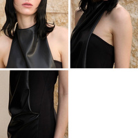 Robe longue de luxe personnalisée pour femme, noire, en PU satiné, froncée, unie, tissée, taille empire, coupe ample - Service OEM/ODM