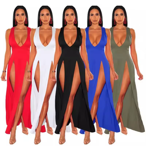 Nuovo Abito <span class=keywords><strong>Sexy</strong></span> da Notte con Scollo a V Profondo, Senza Maniche, Doppio Spacco, Nero, con Bretelle e Spacco Alto, per Luna di Miele - Product Image 1