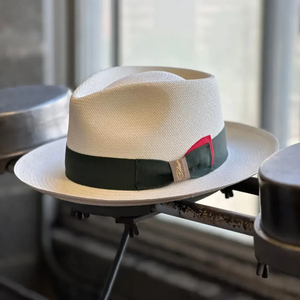 Unisex White Panama <b>Hat</b> With Green Ribbon <b>Band</b> Straw Fedora Beach Summer Accessory - Product Image 3