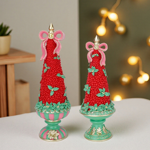 Redeco Mới Thủ Công Xmas Cây Màu Đỏ Berry Màu Hồng Bow Màu Xanh Lá Cây Cơ Sở Nhựa Cây Giáng Sinh Bức Tượng Trang Trí Lễ hội Nhà Accent - Product Image 1