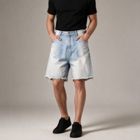 Short en jean à ourlet effiloché pour homme, bleu clair délavé, avec passants de ceinture, fermeture éclair, poche à monnaie, poche arrière, coupe ample, longueur mi-cuisse, idéal pour la plage