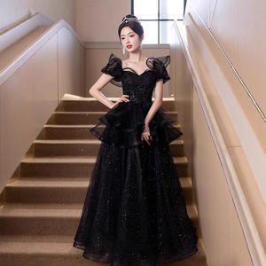 Váy dạ hội dài màu đen thanh lịch kiểu công chúa dành cho người lớn, dáng chữ A, eo tự nhiên, trơn, thích hợp cho đám cưới, dạ hội, tiệc tối - Product Image 3