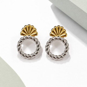 Boucles d'oreilles pendantes en corde bicolore, acier inoxydable plaqué or 14K sous vide, bijoux statement cercle torsadé - Product Image 1