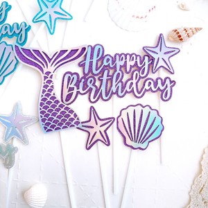 Decoración de Pastel de Sirena con Miel y Dulzura, Adorno de Papel para Pastel de Feliz Cumpleaños, Conchas Marinas, Estrellas de Mar, Cola de Pez, Decoración de Cumpleaños - Product Image 5
