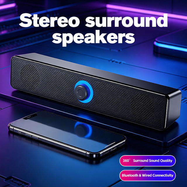 E350TS Long Strip Wired Mini Speakers Knob Control for USB Two-way Audio Crossover RGB Lighting for Desktop/Notebook Use