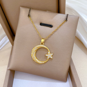 Collar con Colgante <span class=keywords><strong>de</strong></span> Estrella y Luna con Circonitas Incrustadas, Brillante y Elegante, para Mujer, Cadena <span class=keywords><strong>de</strong></span> Eslabones Chapada en Oro <span class=keywords><strong>de</strong></span> 18K, Joyería <span class=keywords><strong>de</strong></span> Lujo para Bodas - Product Image 1